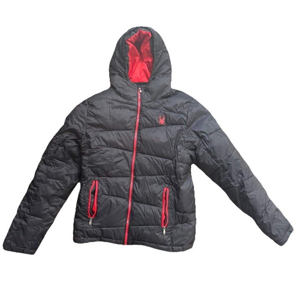 Spyder Quilted Puffy Parka Coat Mens Size Small Nylon Zip Pockets Black HH2